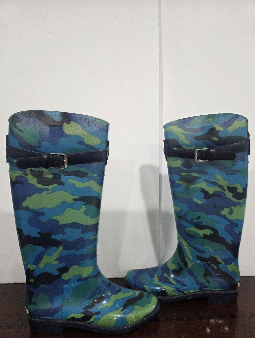 Ralph Lauren Rossalyn II  Blue Green Camo Rain Boots with Buckle Sz.8 B